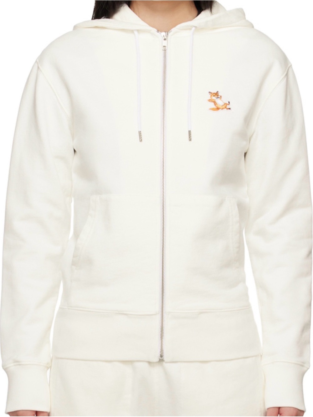 MAISON KITSUNE White Zip-Up Fox Patch Hoodie - Picture 5 of 8